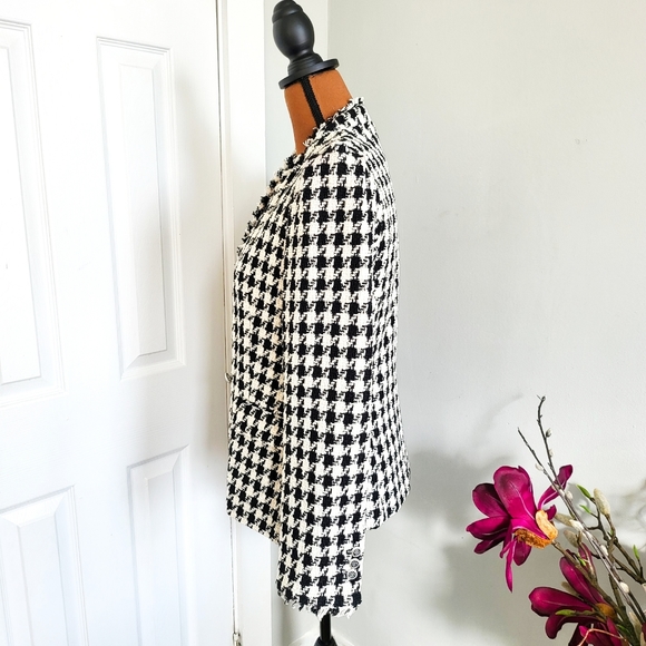 ZARA DOUBLE BREASTED TWEED FRINGE HOUNDSTOOTH BLAZER - Picture 8 of 12